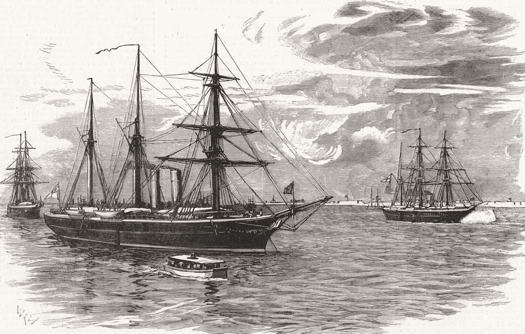 EGYPT. HMS Iris with Gunboats Beacon & Decoy Blockading Damietta; War in 1882